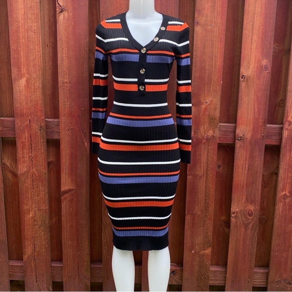 Full Circle Trends Chic Striped Long Sleeve Dress in Black, Orange, Blue Size M